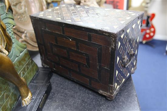 An 18th century Indo-Portuguese ebony, tortoiseshell and bone inlaid table top chest, 14.5in.